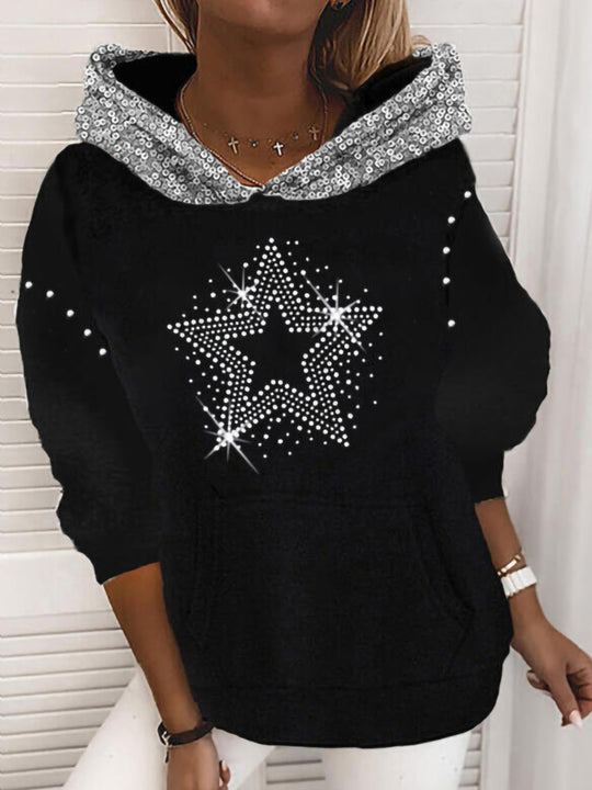 Damen Halloween Kapuzenpullover mit Kürbis- und Katzenprint, Paillettenbesatz und Oversize-Schnitt EB