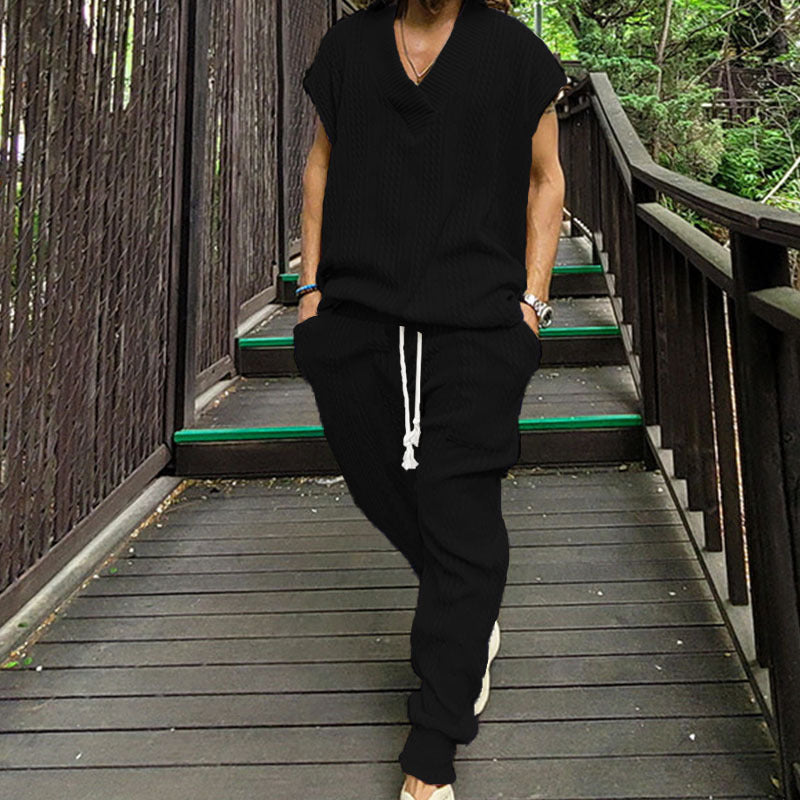 Damen lässiges Freizeit-Outfit mit strukturiertem Oberteil und bequemen Hosen EB