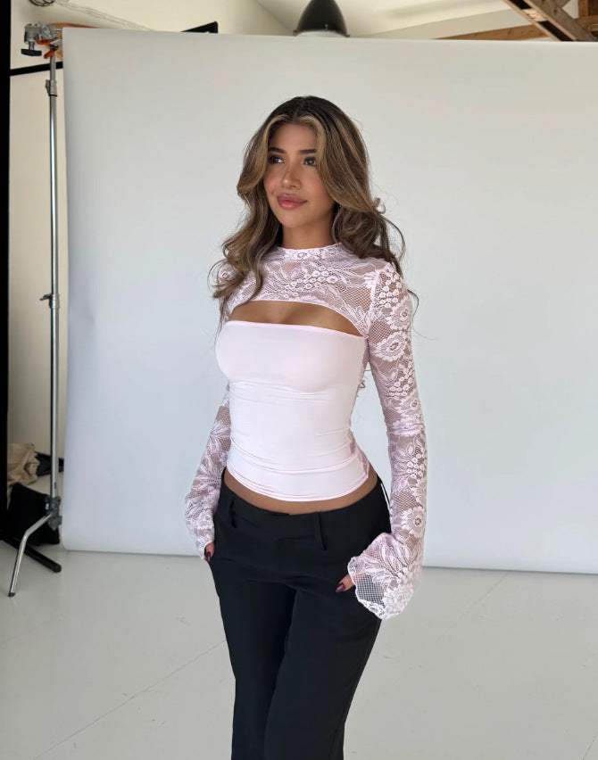 Damen Oberteil mit transparenten langen Ärmeln und raffiniertem Cut-Out EB