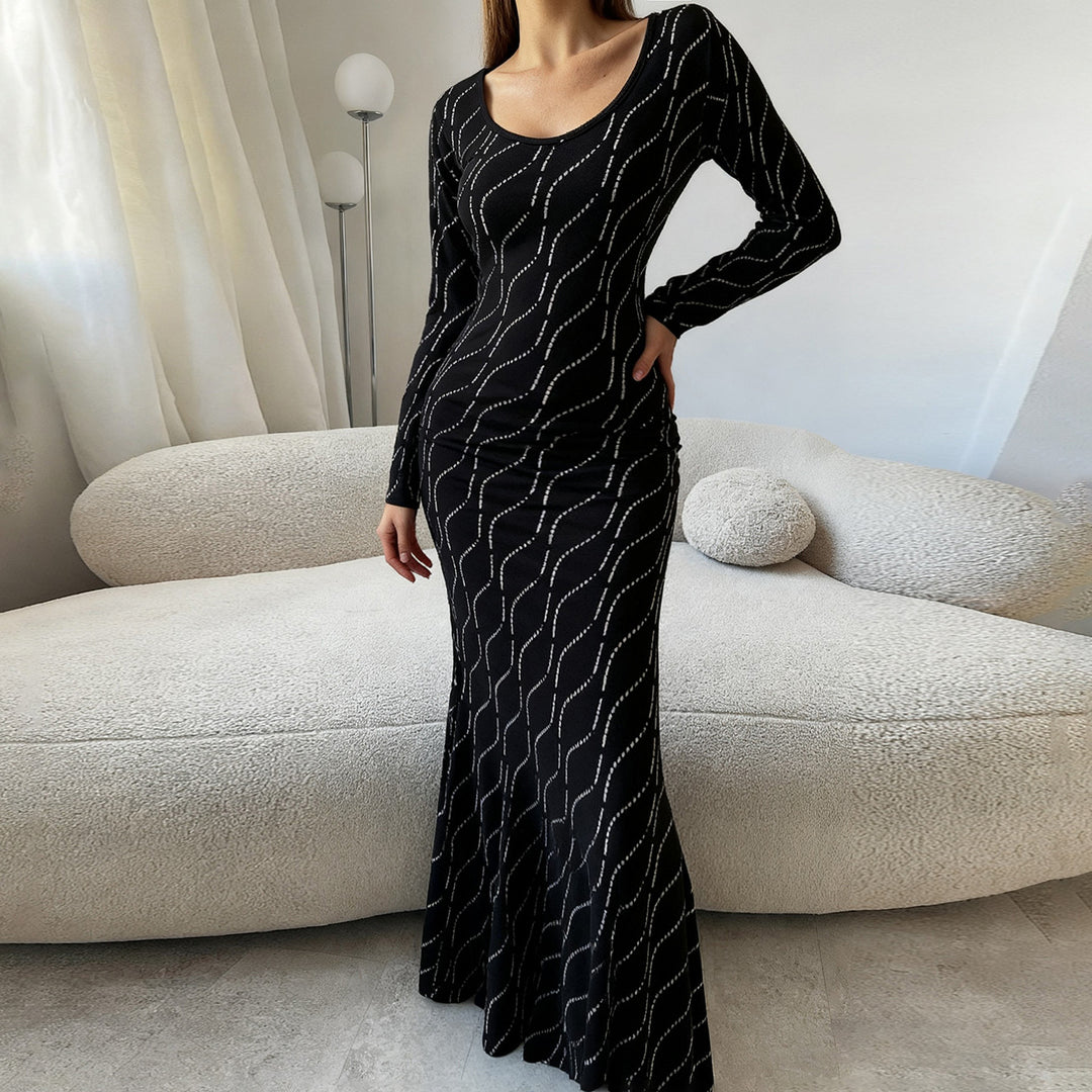 Damen nan langärmeliges Bodycon-Mermaid-Abendkleid mit Wellen-Strassbesatz EB