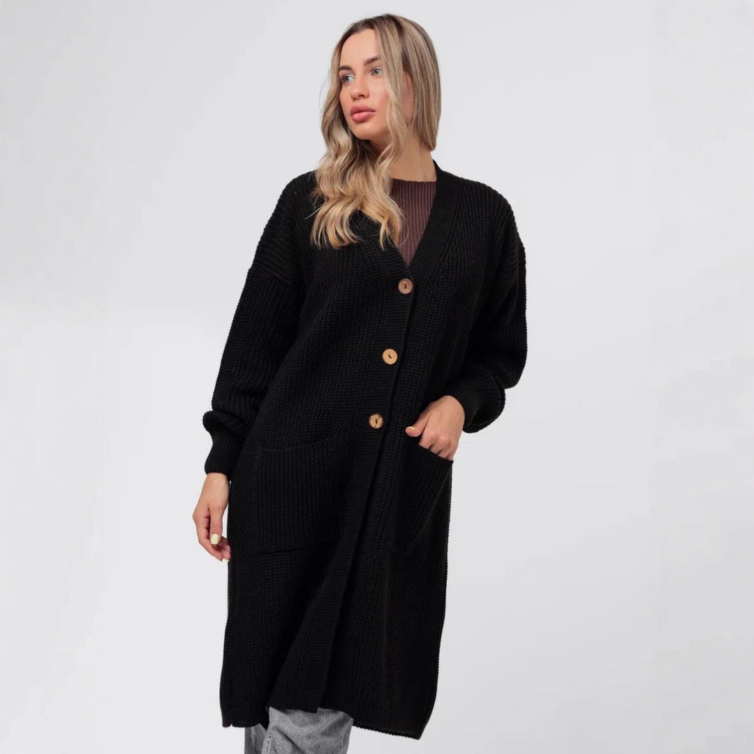 Damen Grobstrick-Cardigan mit schlichten Holzknöpfen und praktischen Taschen EB