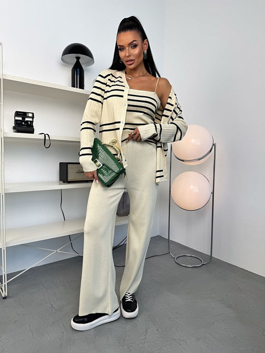 Damen Strick-Loungewear-Set aus Feinripp mit Button-Cardigan, Spaghetti-Top und weitem Jogger EB