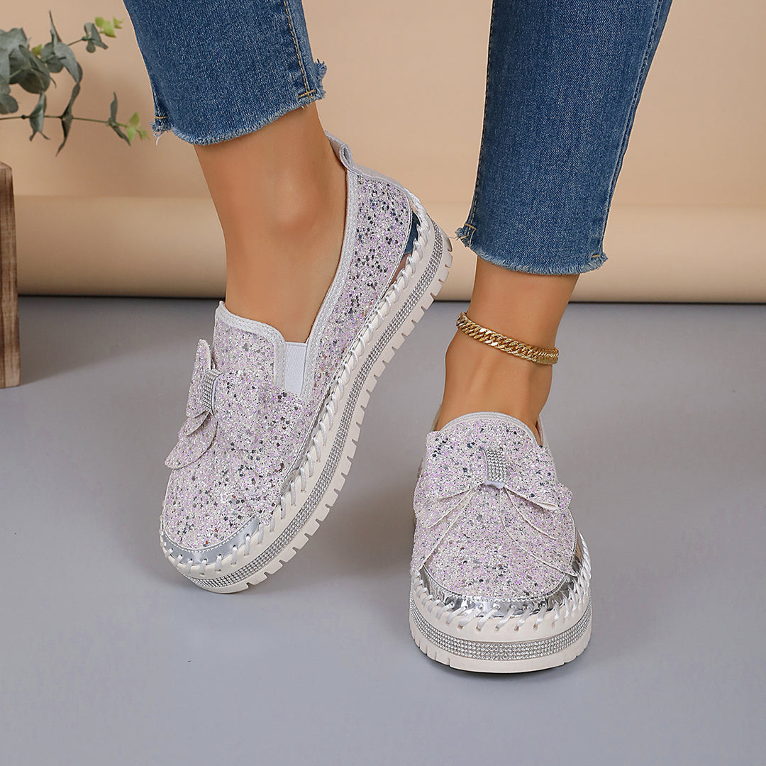 Damen modische Slip-On Sneakers mit glitzerndem Design und auffälliger Schleifenapplikation EB