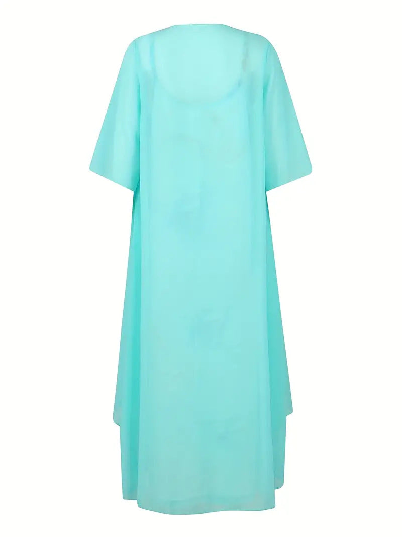Damen festliches Maxikleid mit künstlerischem Marmormuster und elegantem Überwurf EB