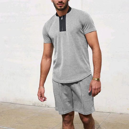 Herren Sportliches Kurzarm-T-Shirt mit Reißverschluss und Joggingshorts EB