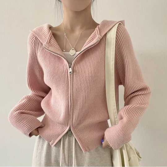 Damen lässige Strickjacke mit Kapuze und Reißverschluss EB