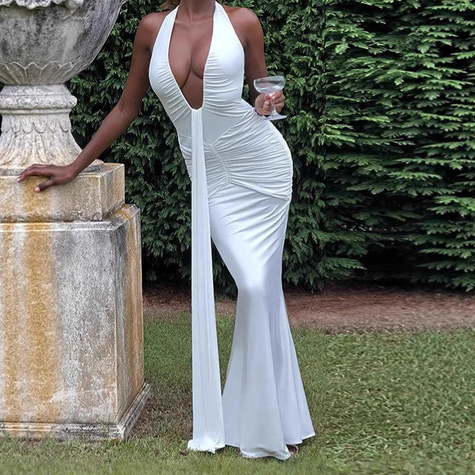 Damen Elegantes Maxikleid mit tiefem V-Ausschnitt und Raffungen EB