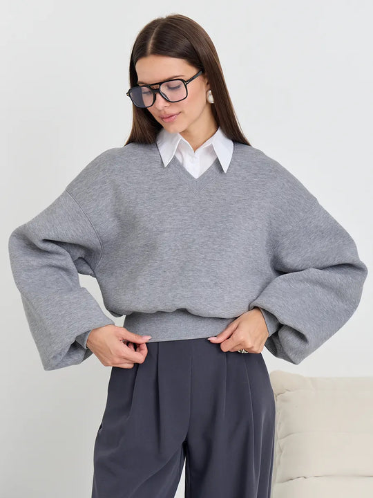 Damen Cropped V-Ausschnitt Pullover mit Ballonärmeln und Rippbund EB