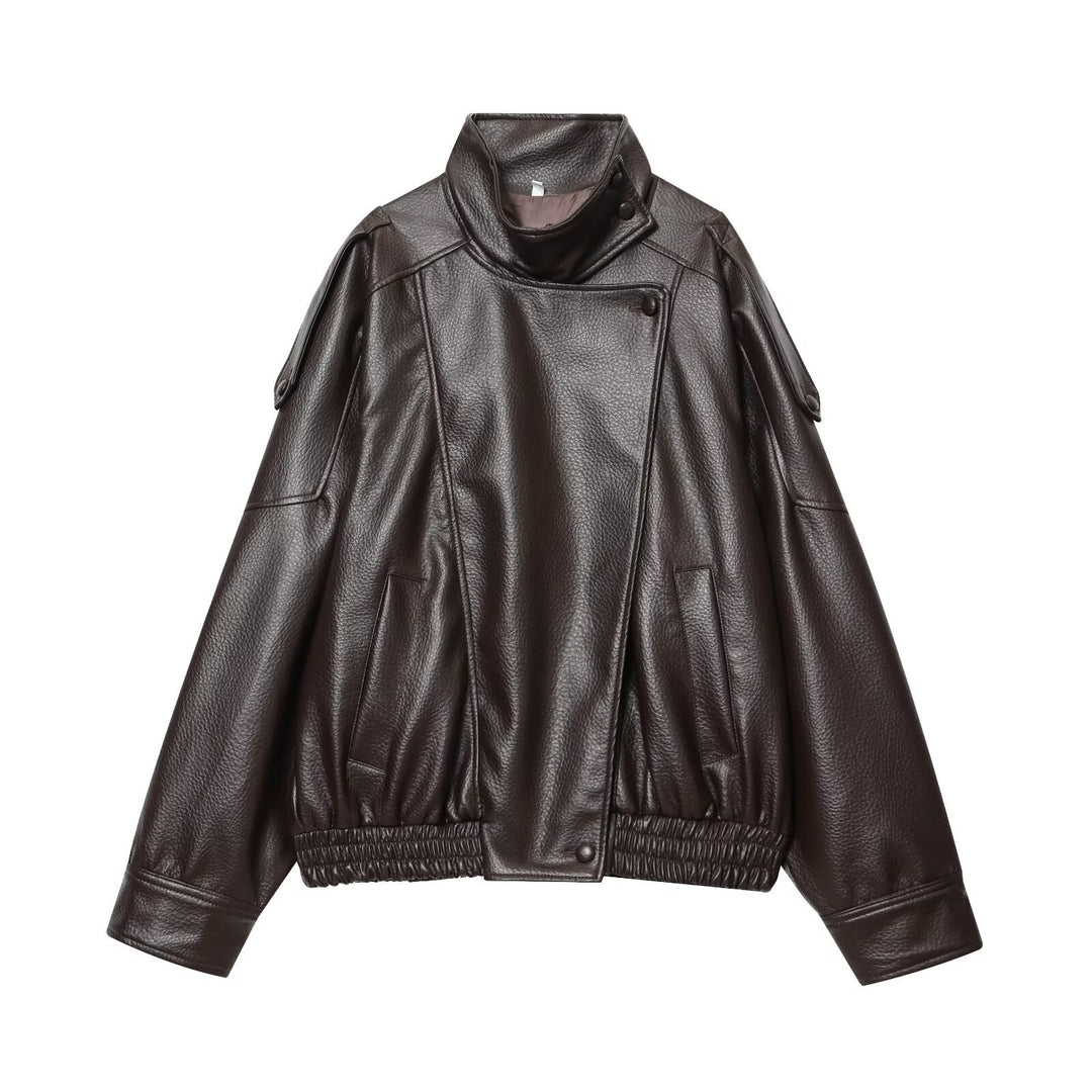 Damen nan Kunstleder-Bomberjacke mit hohem Stehkragen, asymmetrischer Druckknopfleiste und elastischem Saum EB
