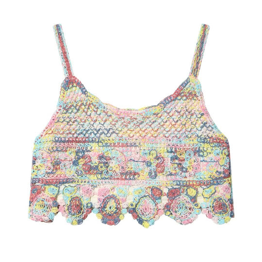 Damen luftiges Spitzen-Croptop mit buntem Häkelmuster EB