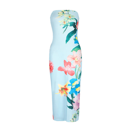 Damen Maxikleid im eleganten Bandeau-Stil mit floralem Druck EB