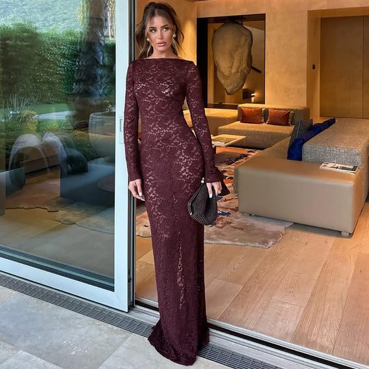 Damen Elegantes Spitzenmaxikleid mit langen Ärmeln EB