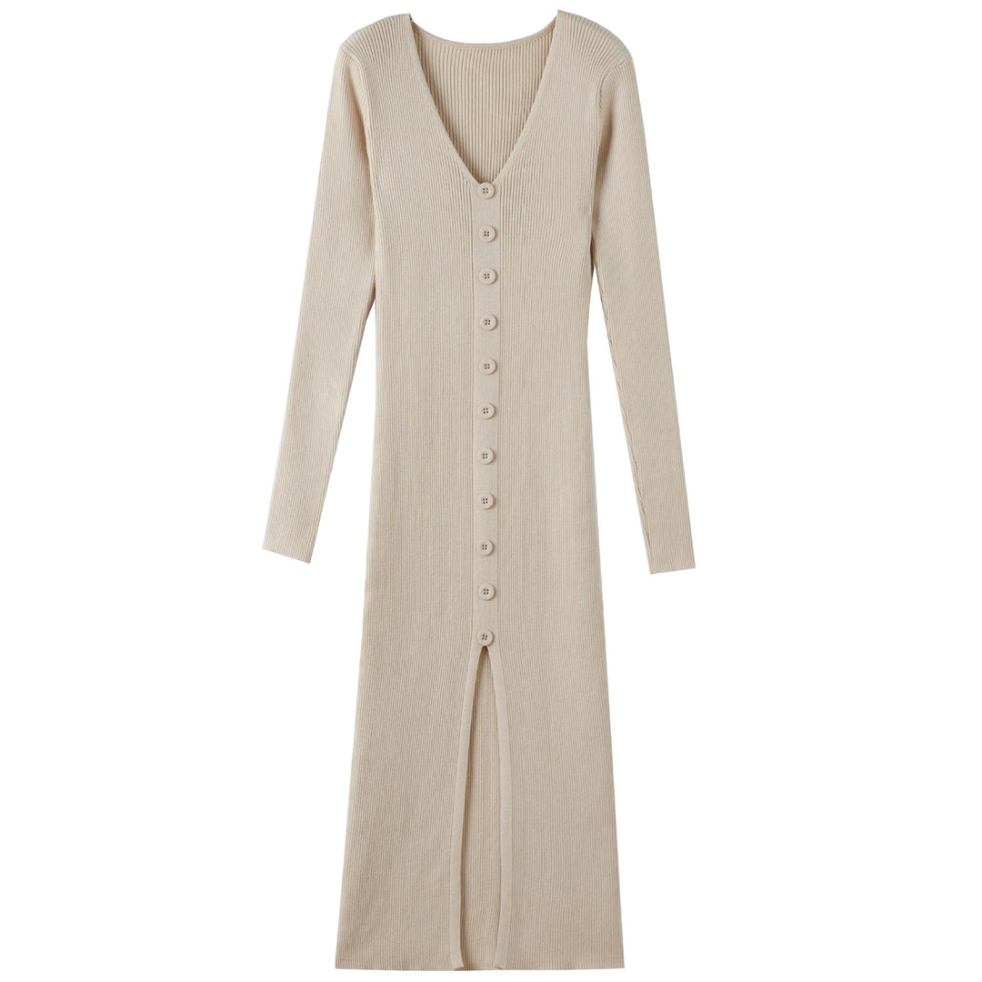 Damen Langärmliges Maxikleid mit Rippstruktur und Knopfdetail EB