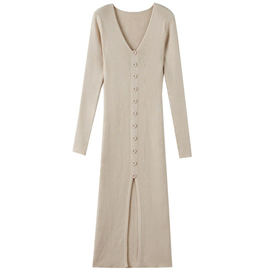 Damen Langärmliges Maxikleid mit Rippstruktur und Knopfdetail EB