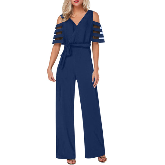 Damen Eleganter Jumpsuit mit transparenten Ärmel-Details und Taillengürtel EB
