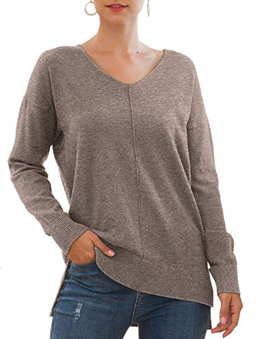 Damen eleganter V-Ausschnitt Pullover mit asymmetrischem Saum EB