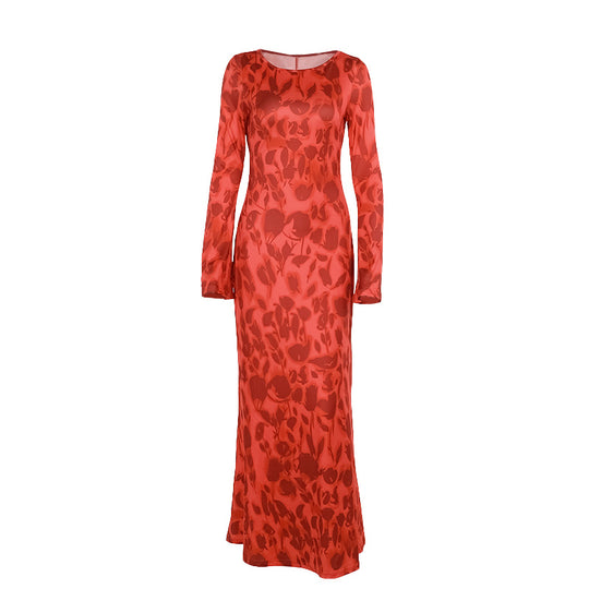 Damen elegantes langärmliges Maxikleid mit floralem Muster und transparentem Oberteil EB
