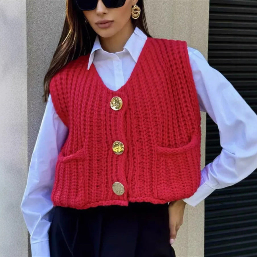 Damen Grobgestrickte Cropped Weste mit V-Ausschnitt und goldenen Zierknöpfen EB