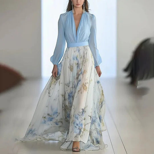 Damen nan fließendes Chiffon-Maxikleid mit tiefem V-Ausschnitt, tailliertem Bund und langem Glockenrock EB