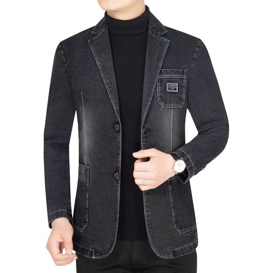 Herren Jeansblazer Slim Fit mit Aufgesetzten Taschen und Notch-Kragen EB