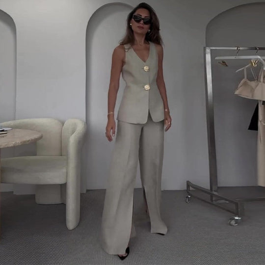 Damen Ärmelloses Tailoring-Set mit taillierter Weste, Zierknöpfen und weiter Palazzo-Hose EB