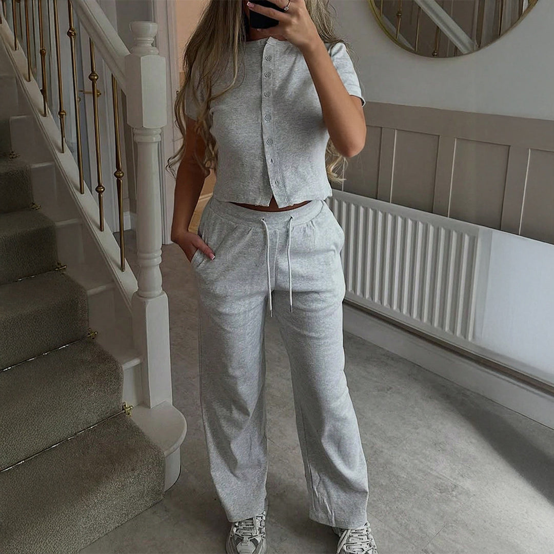 Damen Bequemes Zweiteiliges Set mit Kurzarmoberteil und lockerer Hose EB