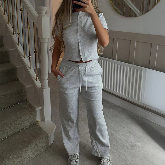 Damen Bequemes Zweiteiliges Set mit Kurzarmoberteil und lockerer Hose EB