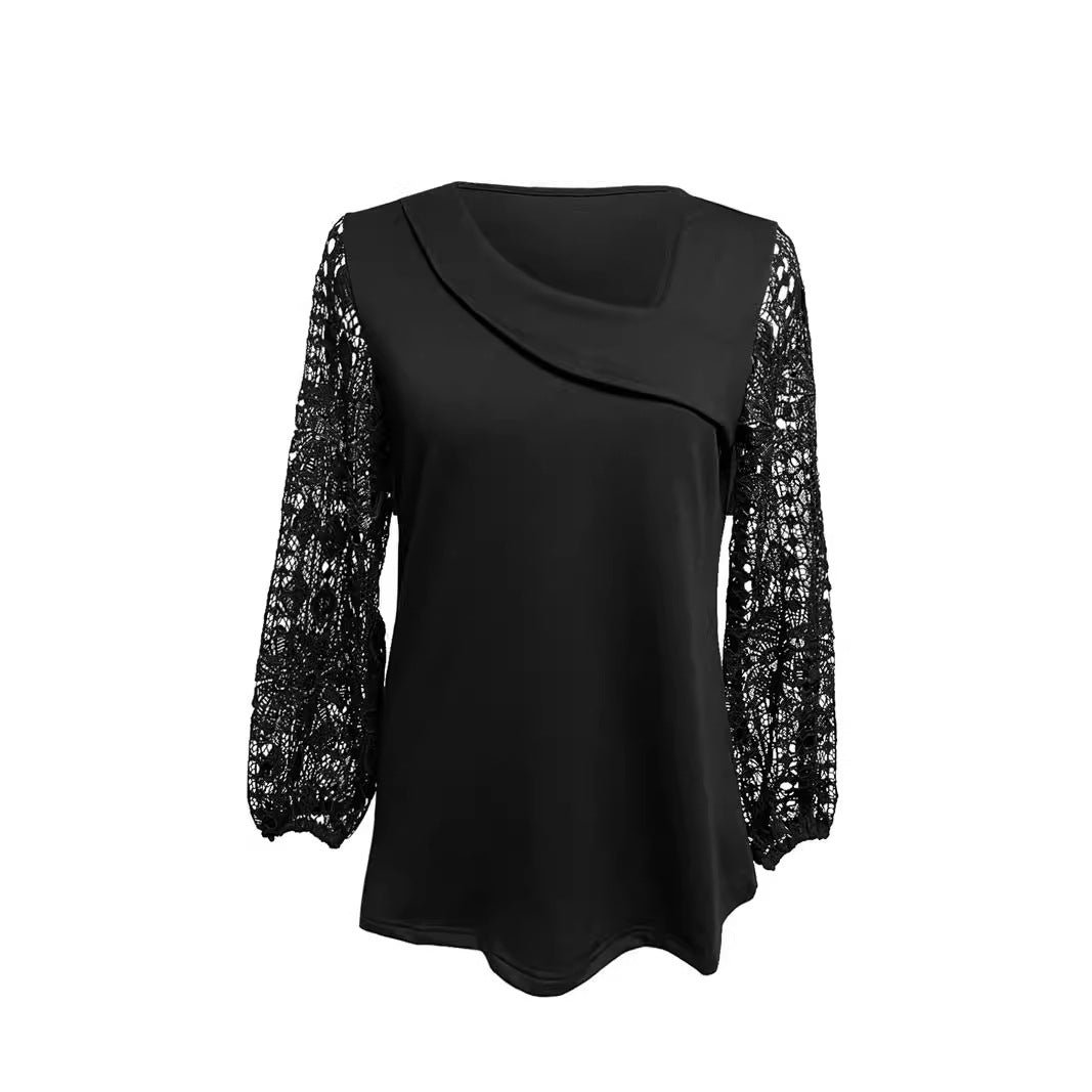 Damen Bluse mit modernen Spitzenärmel und elegantem V-Ausschnitt Heidi-Mode