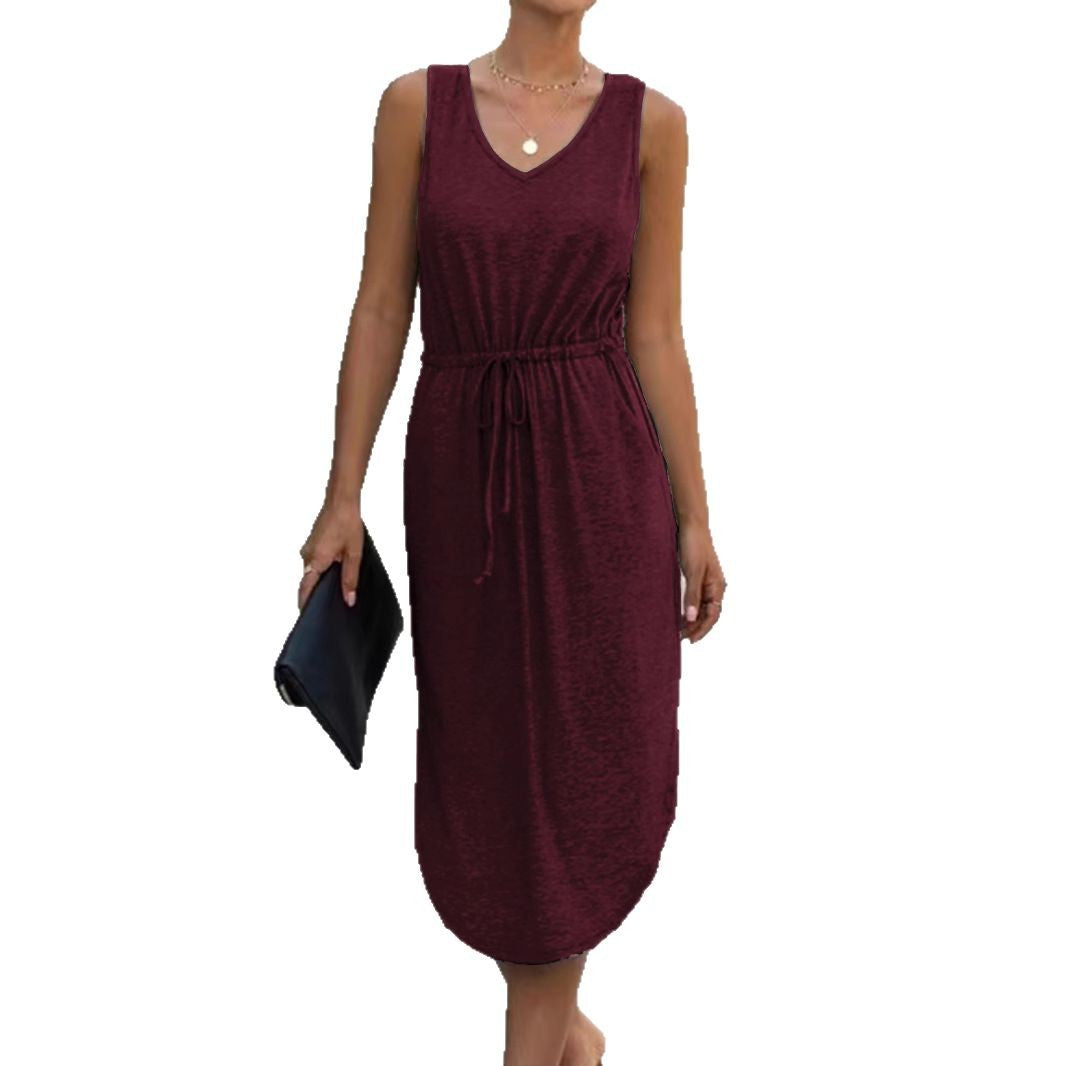 Damen lässiges Maxikleid mit V-Ausschnitt und elastischem Taillenbund EB