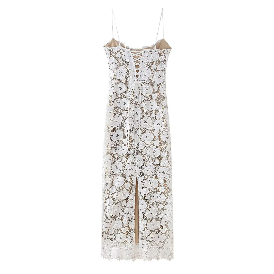 Damen Spitzenkleid mit zarten Spaghettiträgern und floralem Design EB