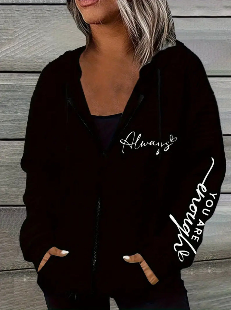 Damen nan oversized Kapuzenjacke mit Reißverschluss, handgeschriebener Typo-Applikation und Kontrast-Eingrifftaschen EB