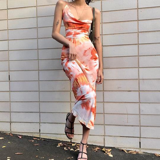 Damen langes Sommerkleid mit floralem Druck und verstellbaren Spaghettiträgern EB