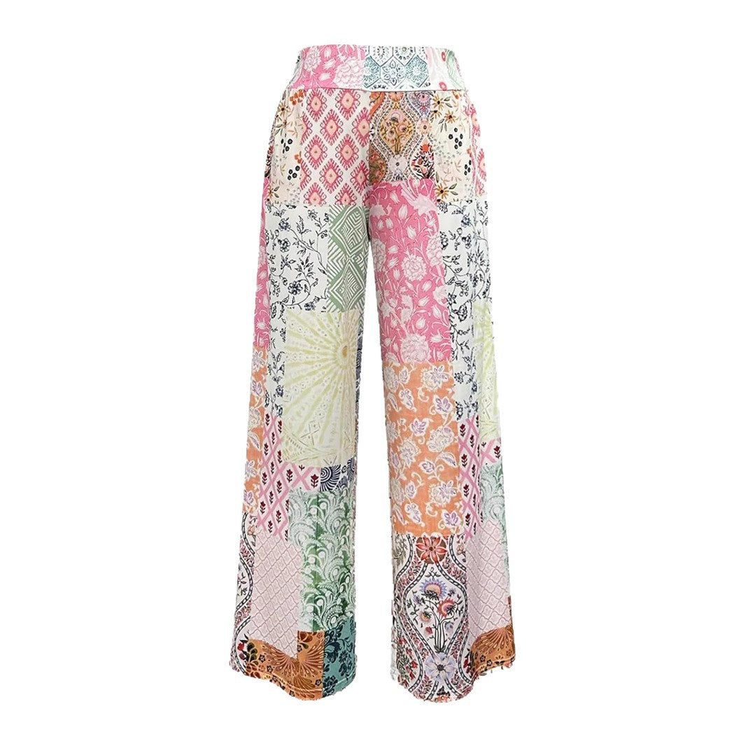 Damen Komfortable weite Stoffhose mit buntem Patchwork-Muster EB