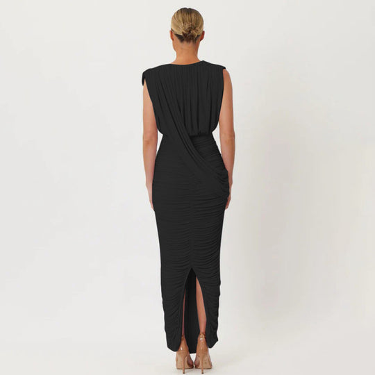 Damen elegantes Maxikleid mit raffiniertem Wickeldesign und Rüschendetails EB