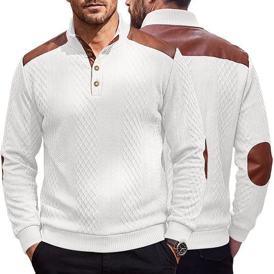 Herren Pullover mit Stehkragen, Zopfmuster und kontrastierenden Lederbesätzen EB