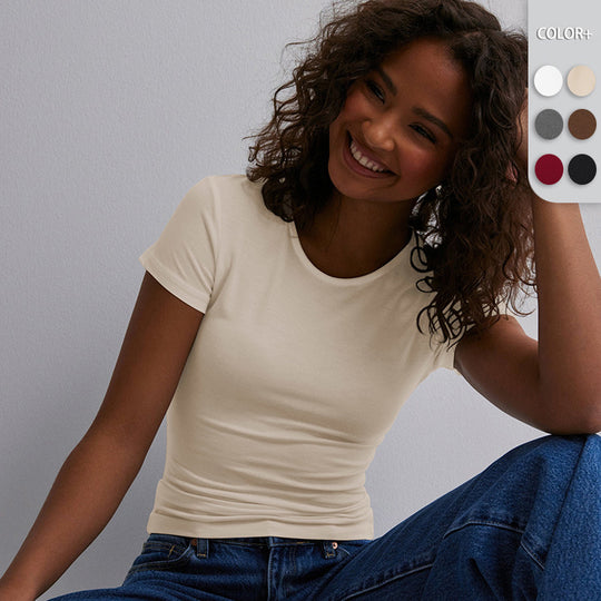 Damen Slim Fit T-Shirt aus hochwertigem Baumwollmix mit elastischem Stretch EB