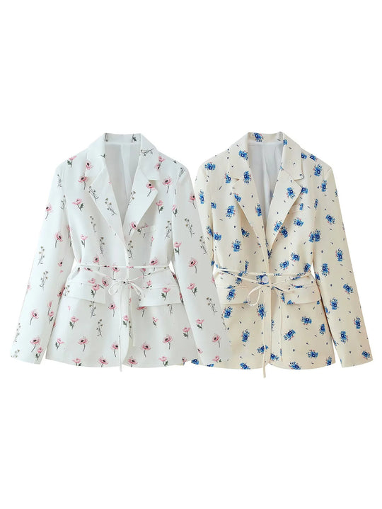 Damen taillierter Blazer mit floralem Muster und Bindegürtel EB
