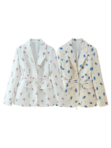 Damen taillierter Blazer mit floralem Muster und Bindegürtel EB