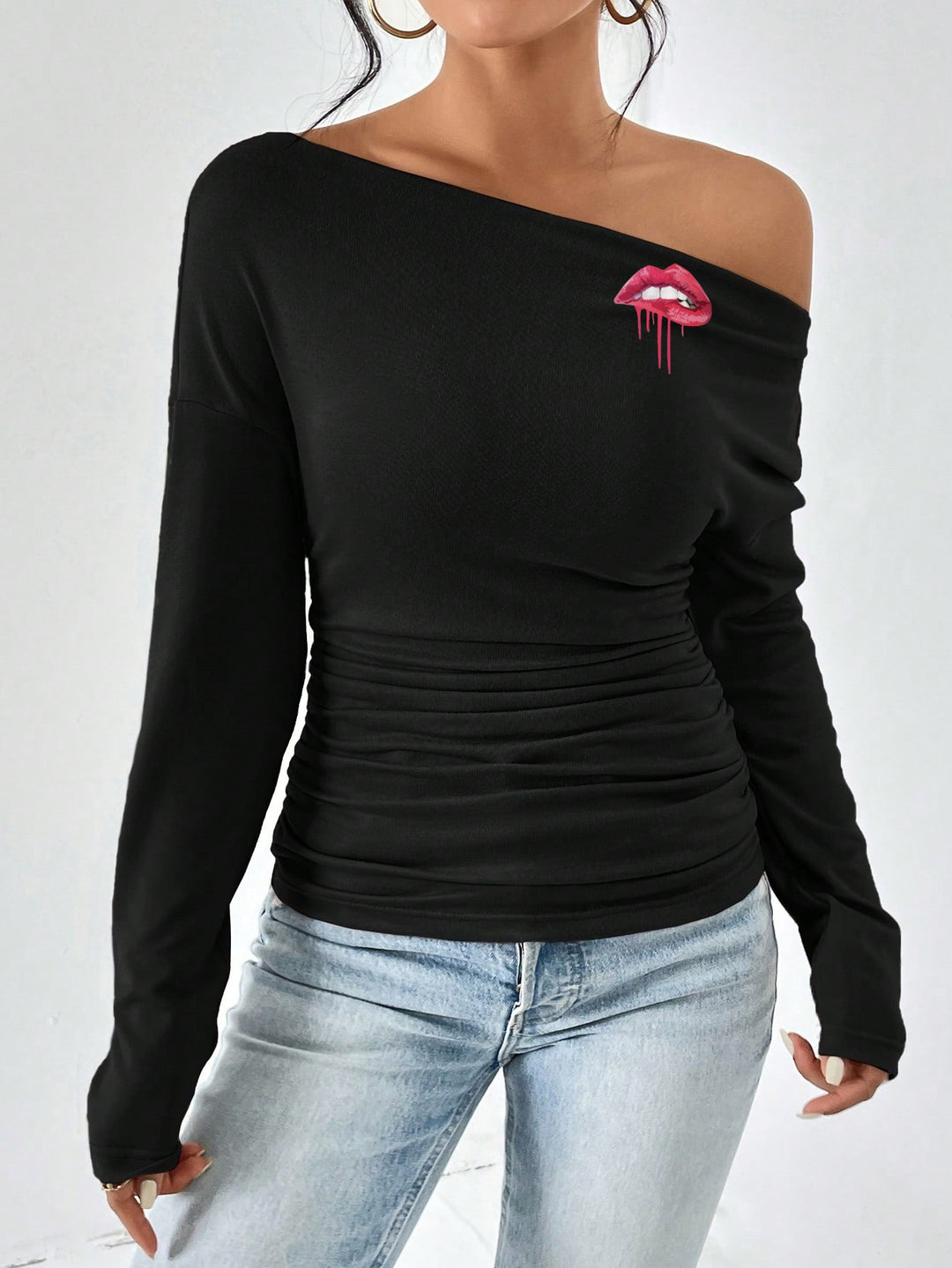 Damen Off-Shoulder Langarmshirt mit Raffung EB