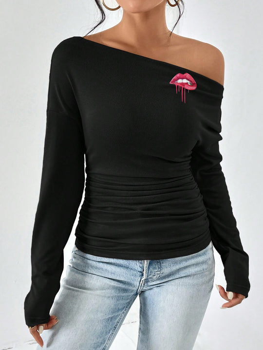 Damen Off-Shoulder Langarmshirt mit Raffung EB