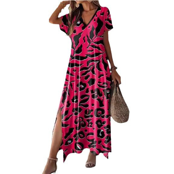 Damen Maxikleid mit tierischem Muster und seitlichem Schlitz EB