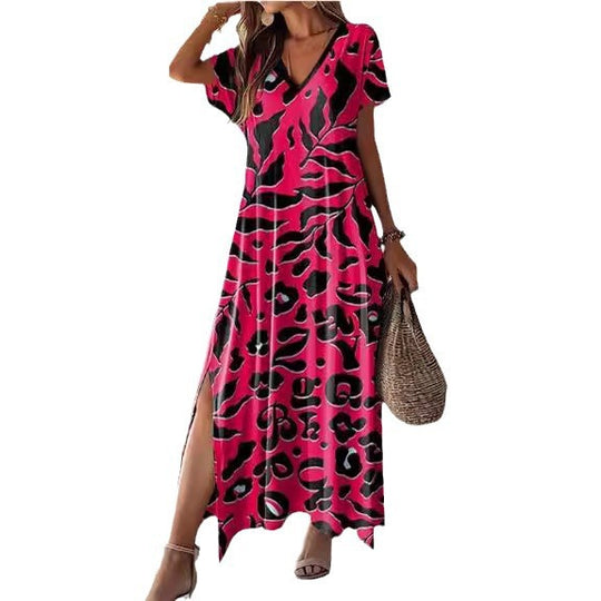 Damen Maxikleid mit tierischem Muster und seitlichem Schlitz EB