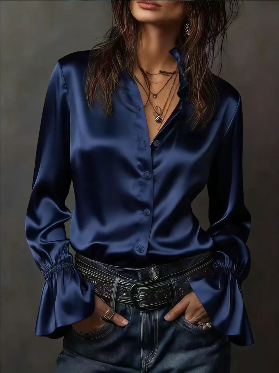 Damen Seidenglänzende Satinbluse mit Stehkragen, Knopfleiste und Volantärmel EB