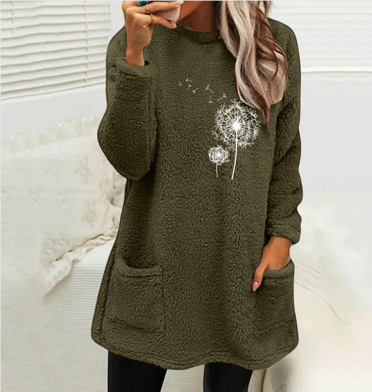 Damen Fleece-Tunika mit Dandelion-Motiv und praktischen Taschen EB