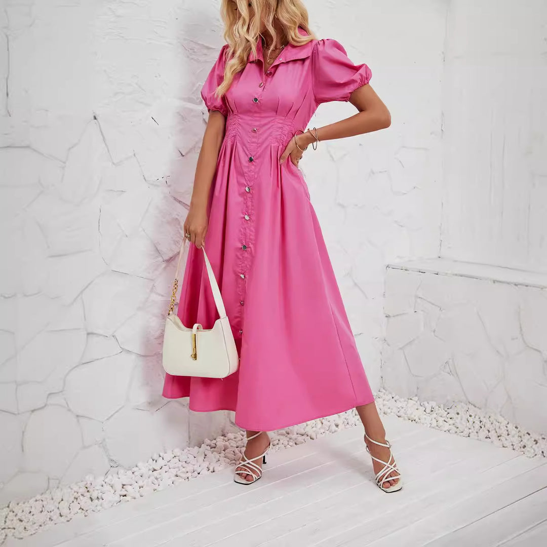 Damen Maxikleid mit schickem Hemdkragen und volumetrischen Puffärmel EB