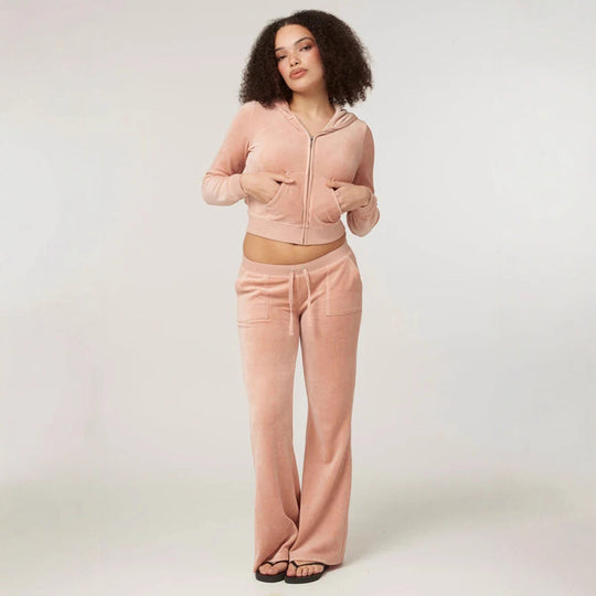 Damen Samtvelours Cropped-Zipjacke mit Kängurutasche und hochgeschnittener Bündchenhose Eichborn Berlin