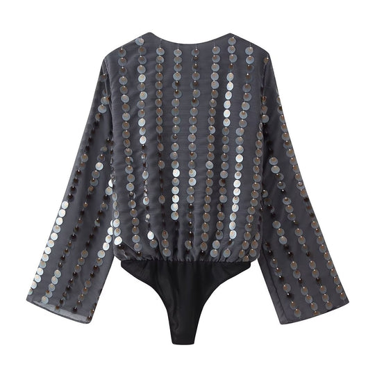 Damen Glamouröses Body mit glitzernden Pailletten und Wickeldesign EB