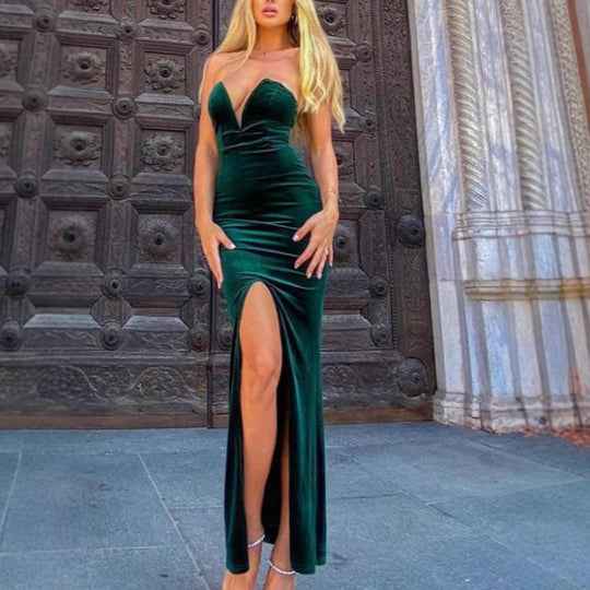 Damen Elegantes Samtabendkleid mit tiefem V-Ausschnitt und seitlichem Schlitz EB