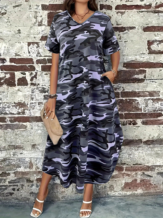 Damen Maxi-Kleid mit modernem Camouflage-Design und praktischen Taschen EB