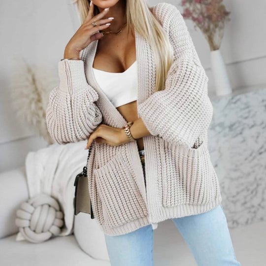 Damen lässige Strickjacke mit großen Taschen und lockerer Passform EB